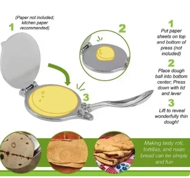 Dough press with instructions and images of food items on a white background