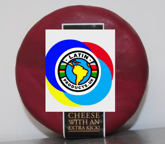 Red cheese wheel with a label on a white background