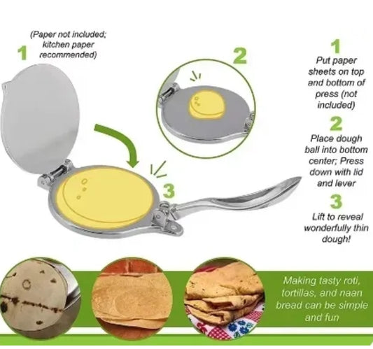 Dough press with instructions and images of food items on a white background